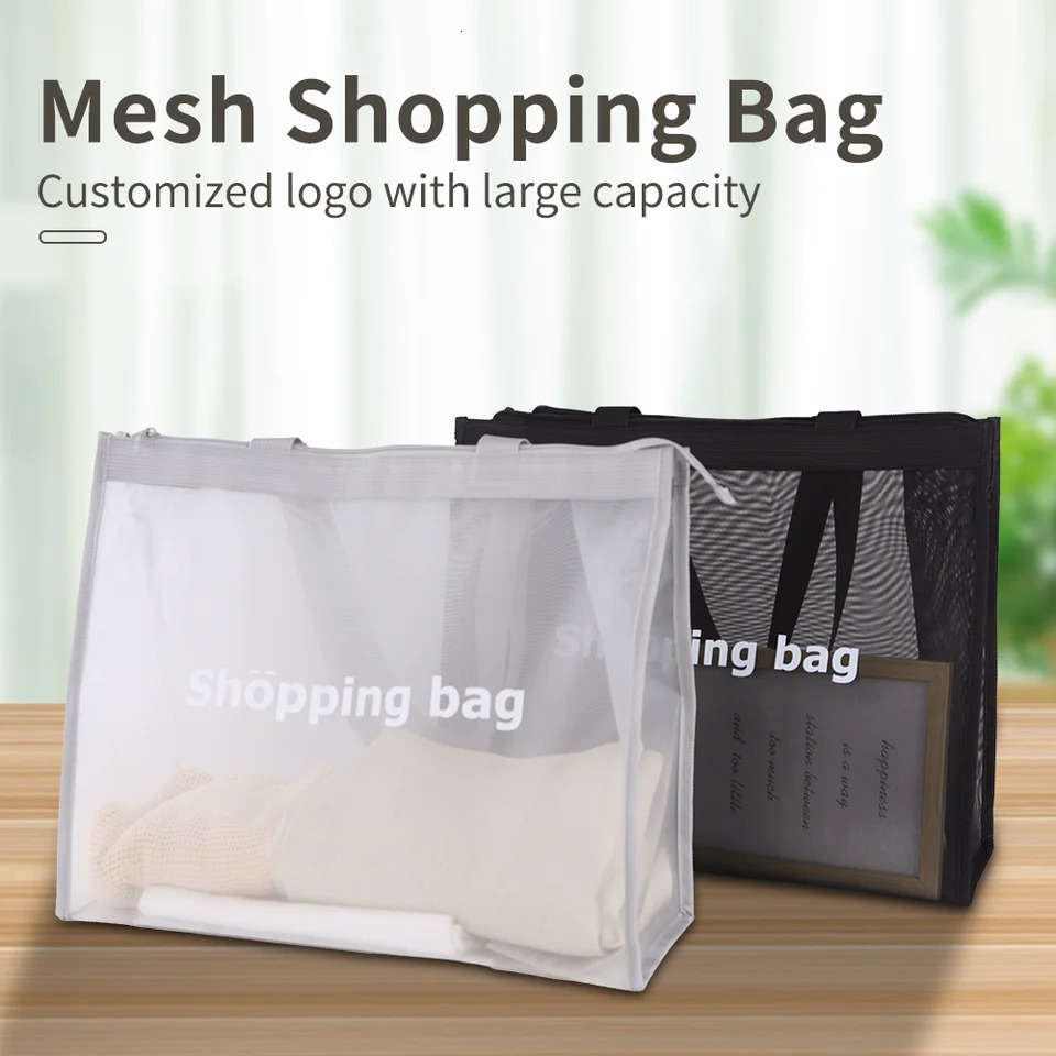 Extra Mesh Shopping Bag For Women Holiday Travel Beach Bags With Drawstring Shoulder Handbag Reusable Shopping Tote Bags 250515
