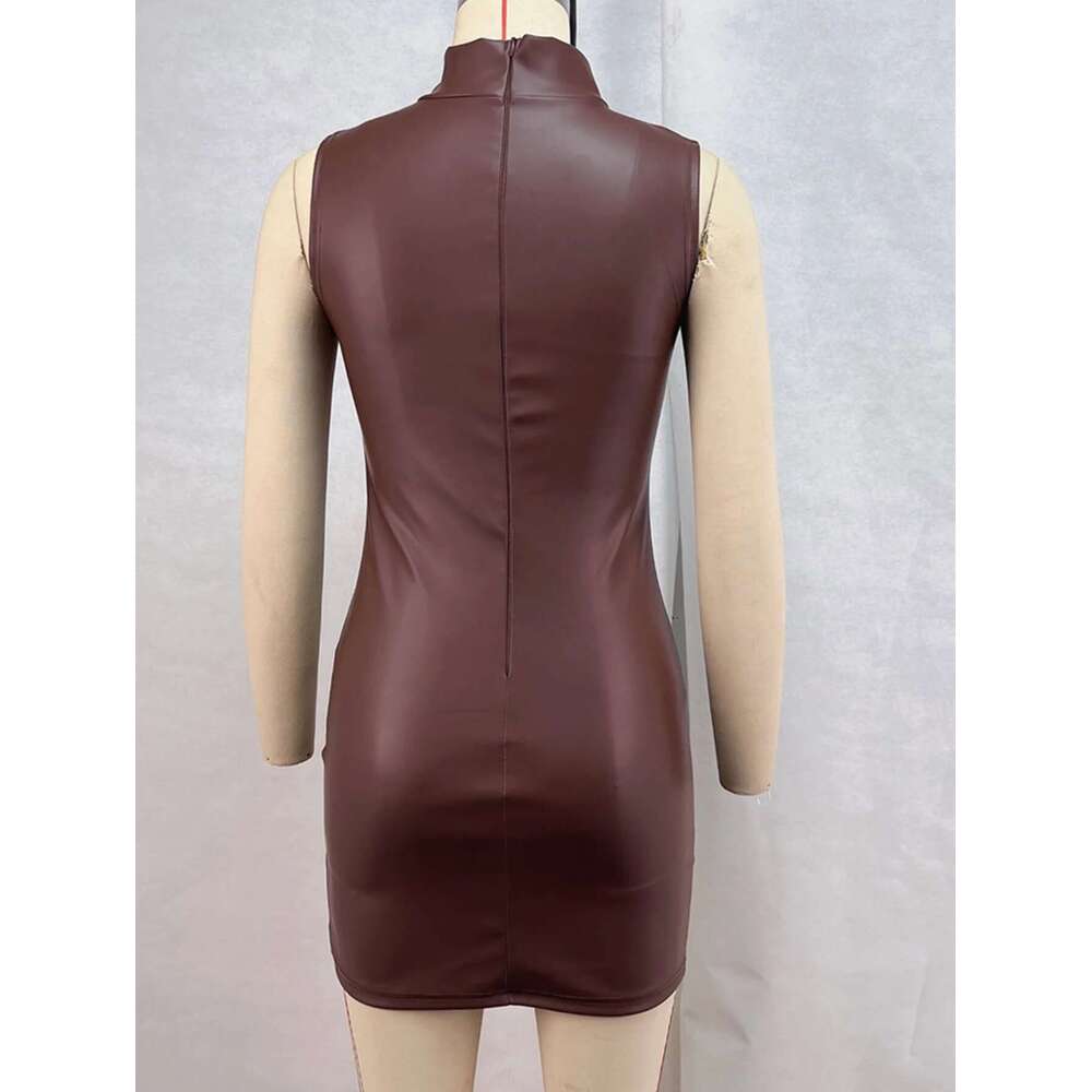 Sexy brown PU leather mini summer women clothing elegant bodycon club birthday party dress short evening dresses vestidos