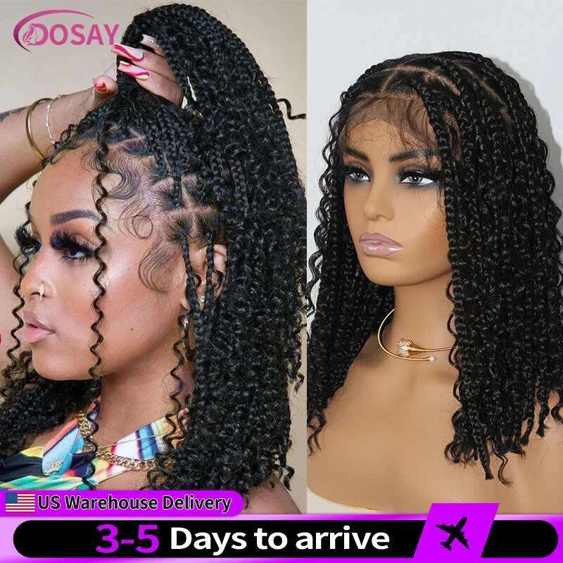 Short 12 Inch Bohemian Curly Braided Full Lace Front Wigs Knotless Box Braid Bob Wig Women Synthetic Locs Goddess Cornrow Braids