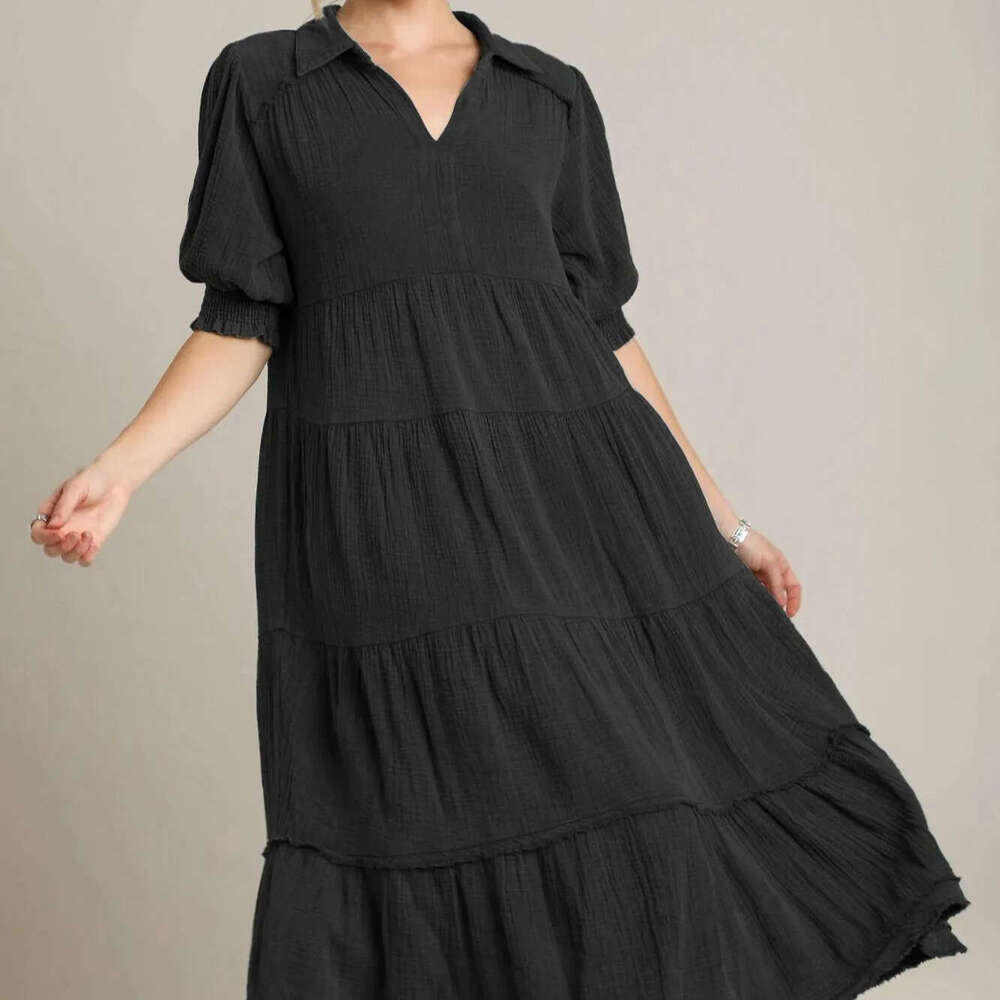 White Dress Maxi Dress 2024 New Fashionable And Comfortable Mid Sleeve V-Neck Layered Dress For Women KQ