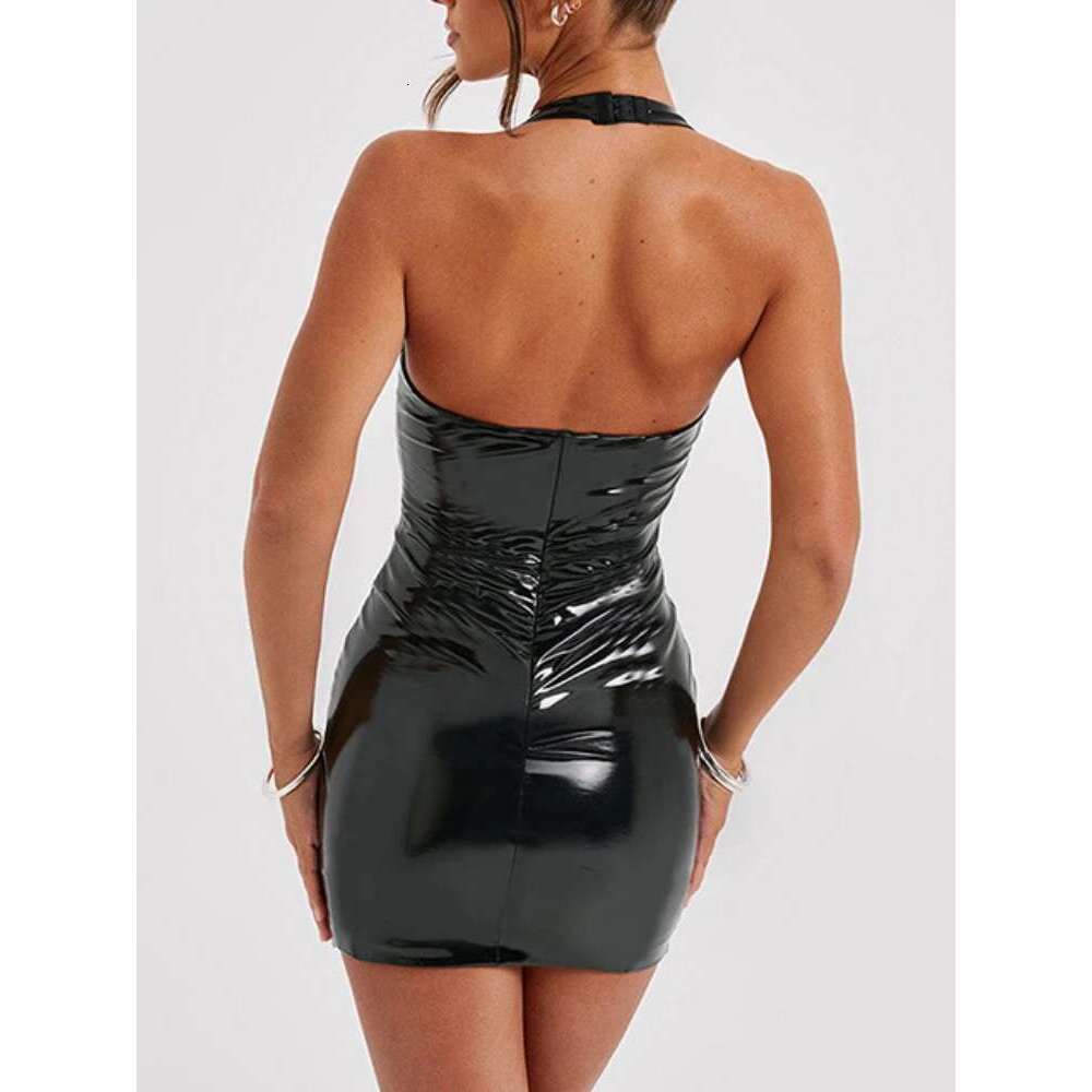 PU Patent Leather Deep V Neck Girdling Waist Slim Bodycon Women Sleeveless Skinny Mini Dress Evening Club Party