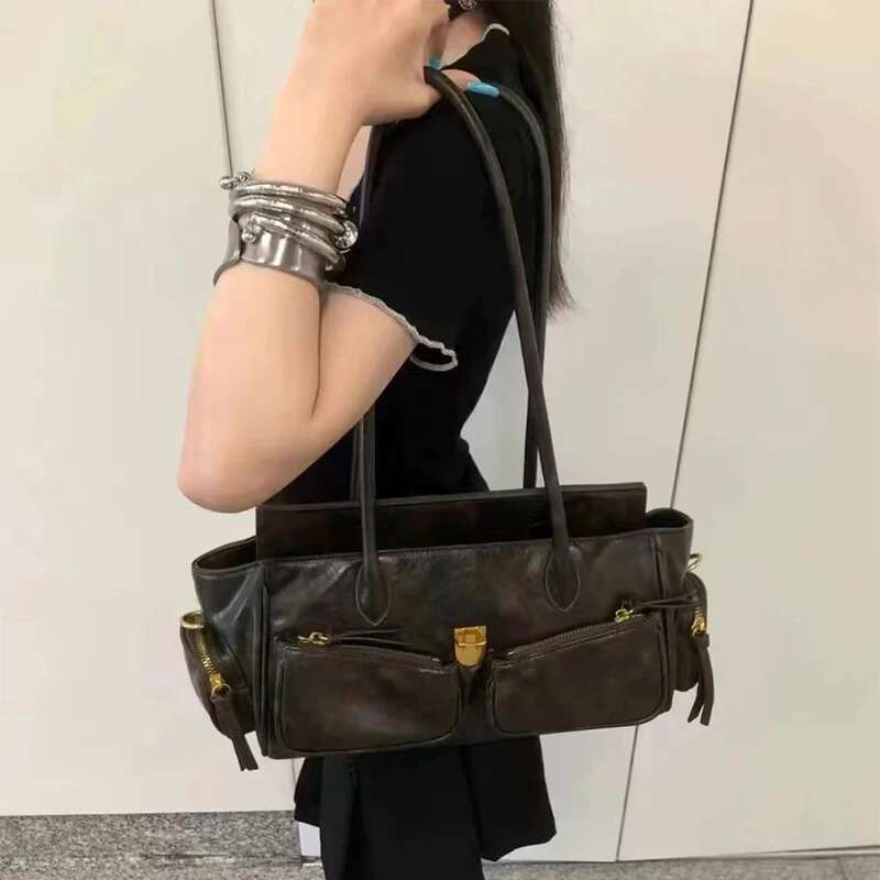 Vintage Underarm For Girl Versatile Multi-pocket Motorcycle Designer Handbag Spaghetti Strap Leather Bag
