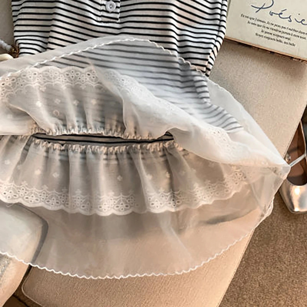 Summer Womens Korea Style Black White Strips Tank Top with Lace Hem Female Sweet Square Neck Spaghetti Straps Cami 250515