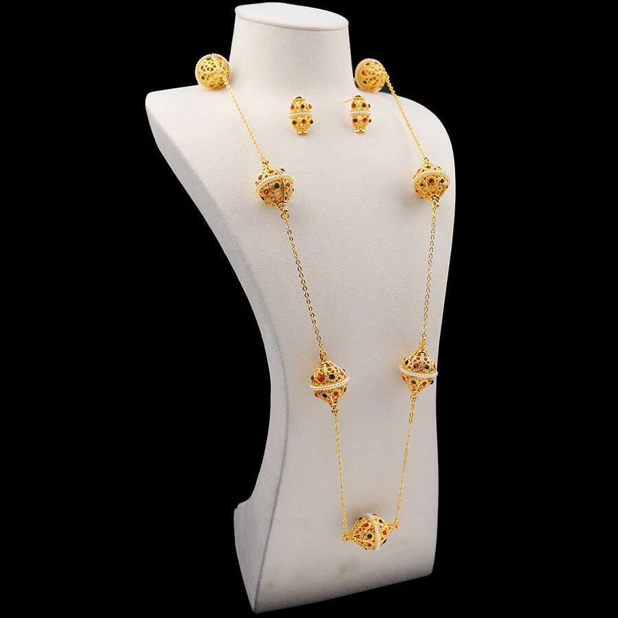 2Pcs Earring+1Pcs Necklace Gold-Plated Ethiopian Middle Eastern Women's Jewelry, Dubai Bridal Wedding Jewelry