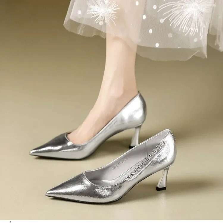 Gold Sier Women Glossy High Heels Fashion Pointed Toe Slip on Stiletto Pums Solid Formal Dress Shoes Plus Size