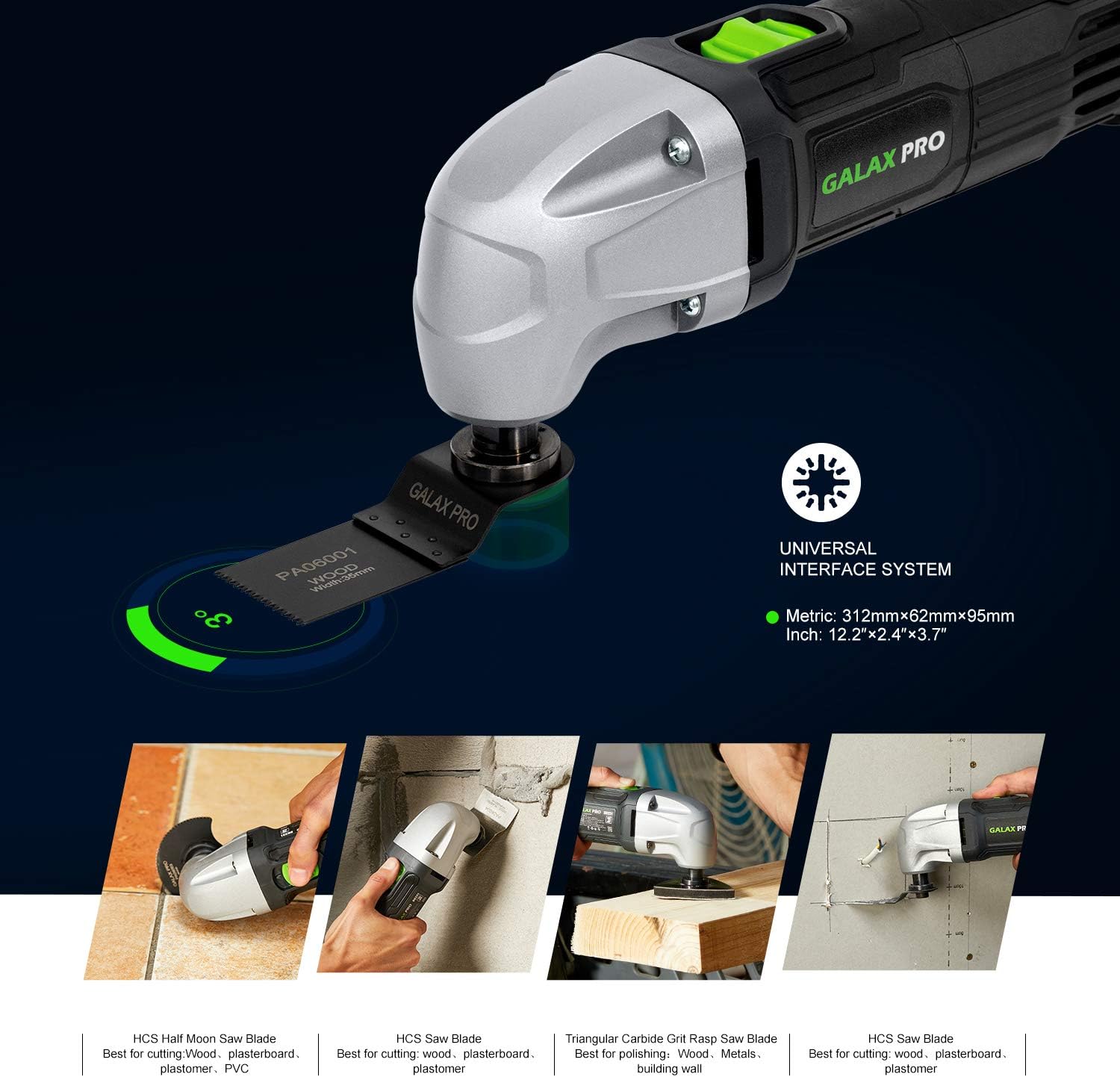 GALAX PRO 180W Oscillating Multifunction Tool 22000 OPM 3 Degree Vibration Angle with 3 Saw Blades 1 Semi-Circular Saw Blade Sanding Disc 6 Sanding Pa