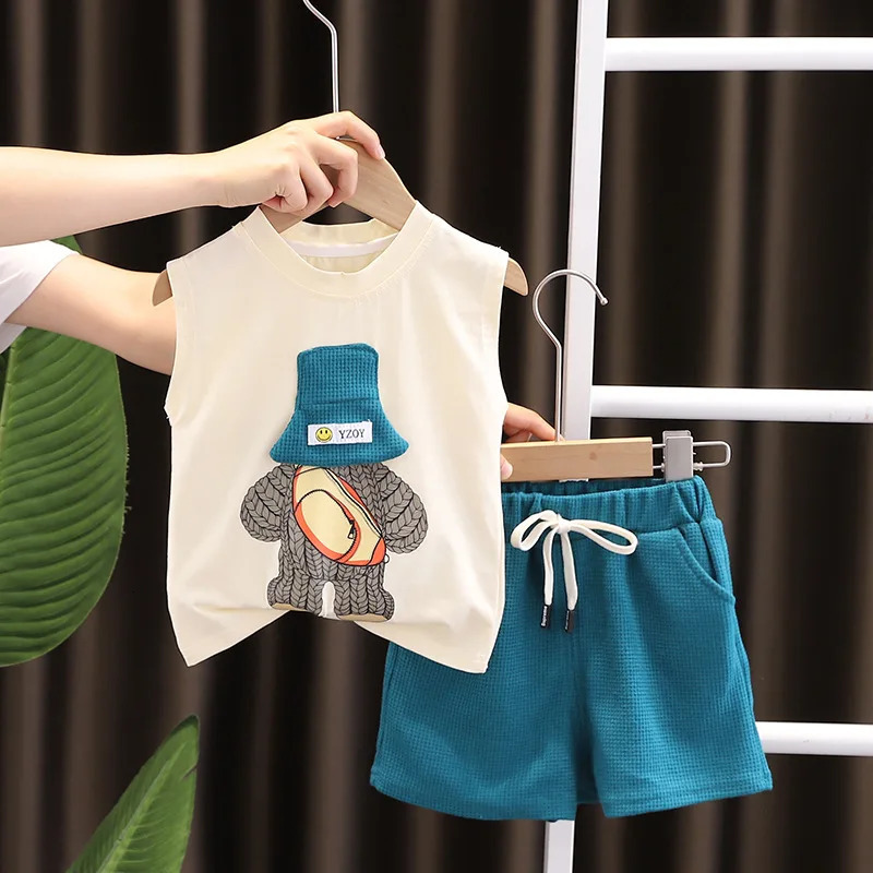 Korean Children Summer Sets Girl Boy Sleeveless Vest Shorts Suit Child Clothing Fashion Outfits Kids Costume 250515