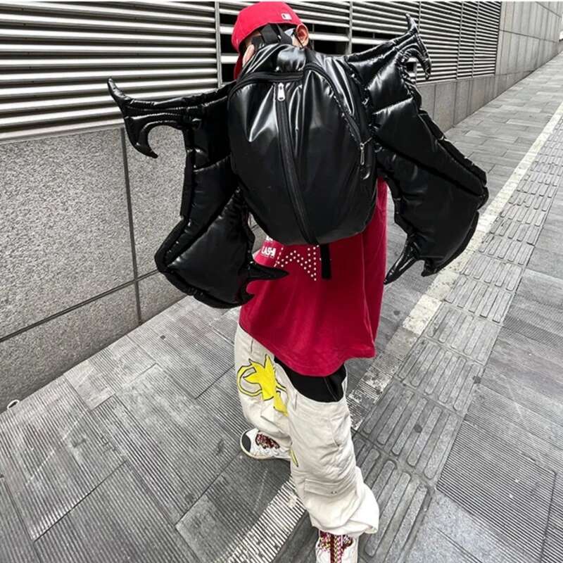 Personality Streetwear Hip-hop Bat Bags Y2k Aesthetic Fashion Vintage Backpack Pu Leather Zipper Casual Backpacks Design