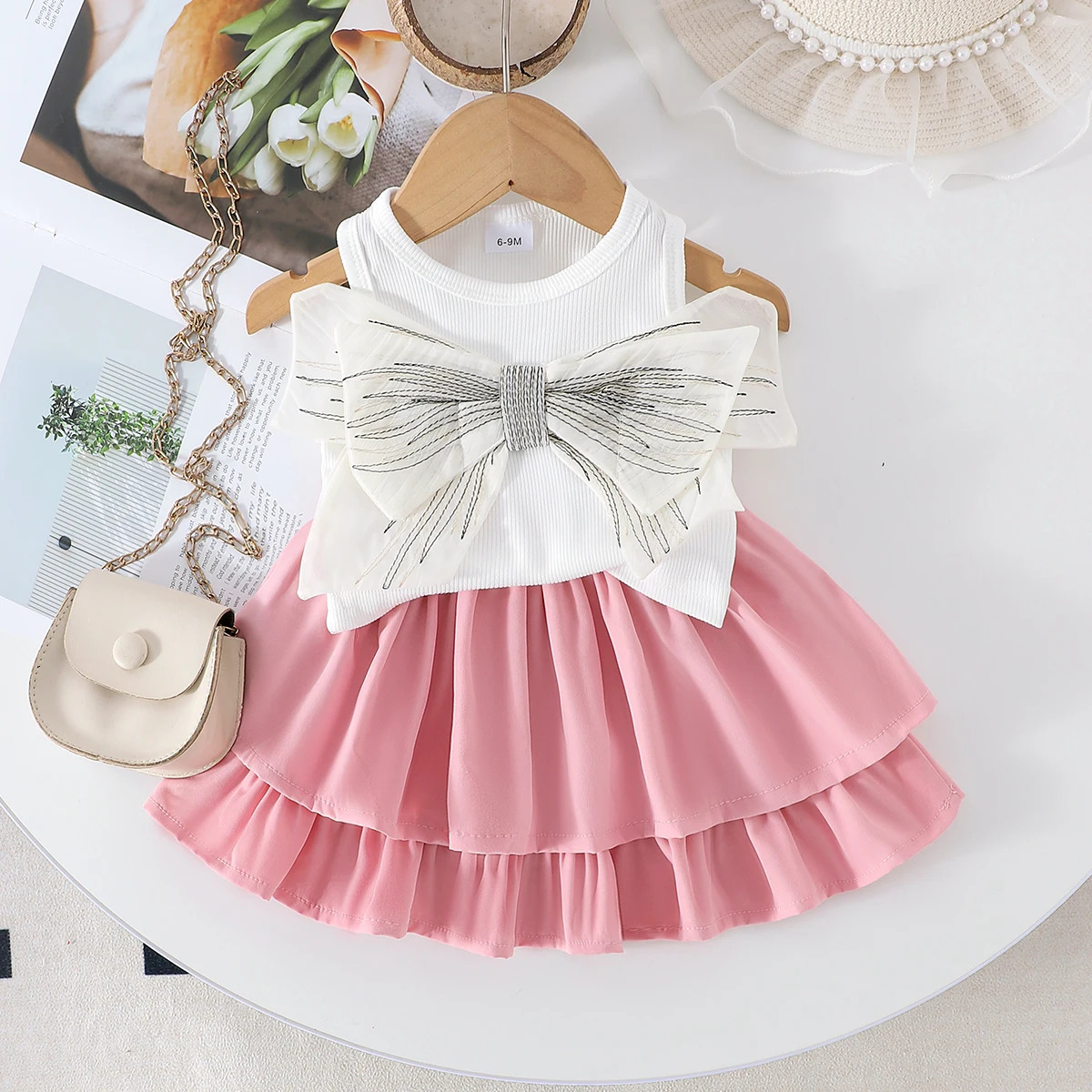 2PCS Summer Cross-Border Girl 1-7 Years Old Sweet And Cute White Bow Shirt Black Cake Skirt 250515
