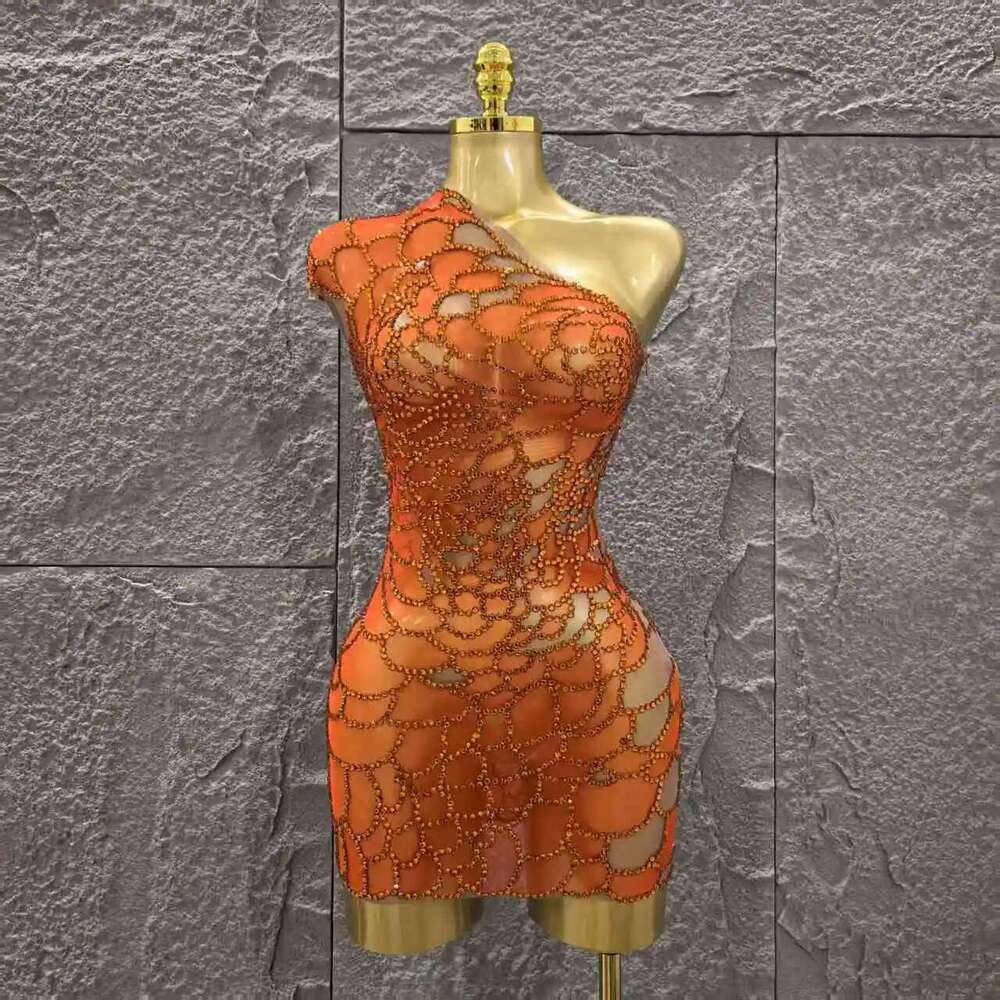 Orange Color Shinning Rhinestones Women Sexy One Shoulder Mesh Bodycon Mini Dress Celebrate Nightclub Party Bar Singer Wear