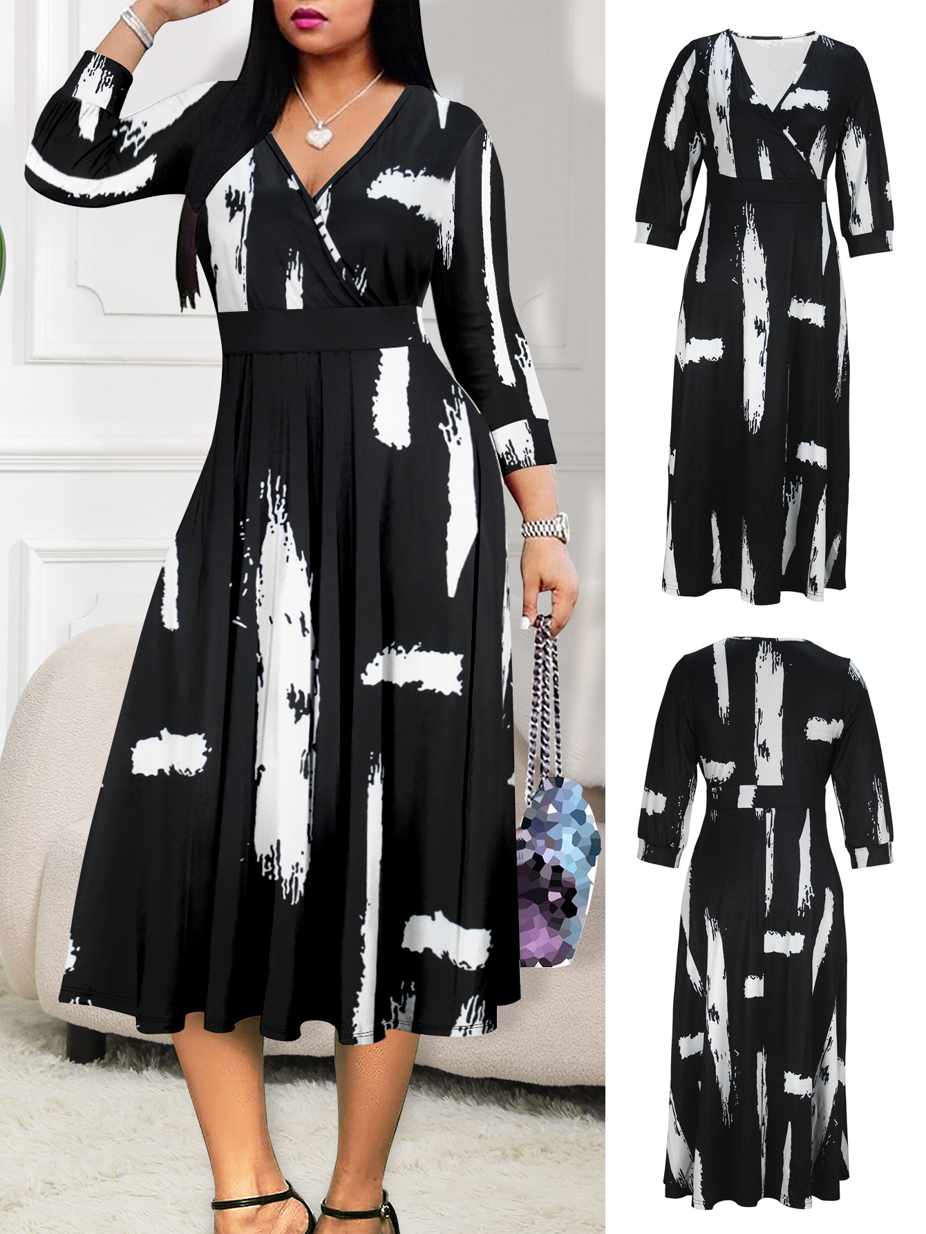 Plus Size Dresses Artistic Black White Print Maxi Dress Elegant Fashionable Women's Gown Sexy 2025 Style