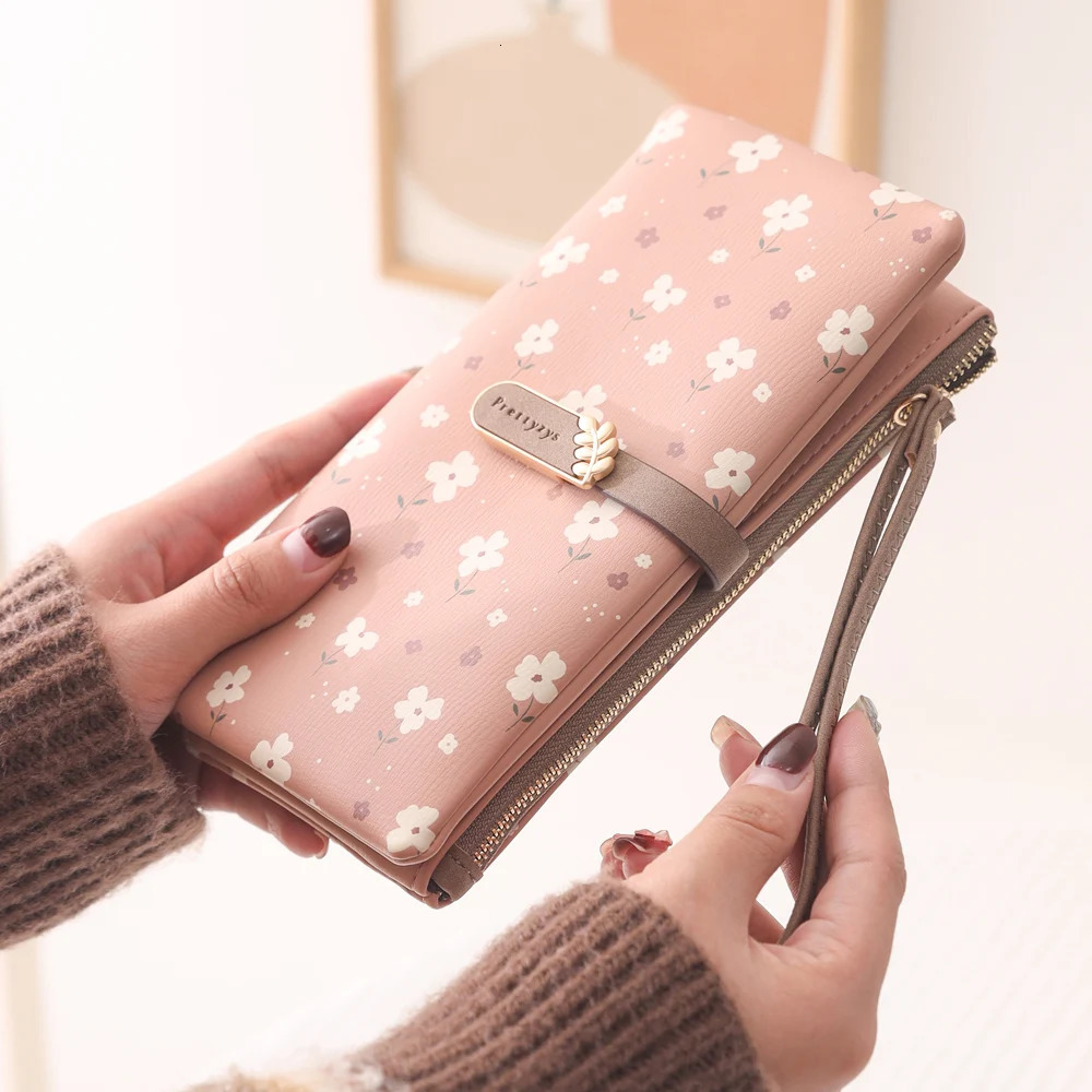 Women Long Wallet Cute Leaf Flower Pattern Zipper Coin Purse Ladies ID Credit Card Holder PU Small Clutch Money Bag 250514