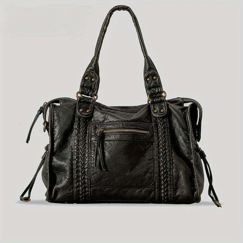 Women's Fashion Vintage Washed Soft Leather Tote Large Capacity Commuter Multi-Pocket Shoulder Messenger Bag