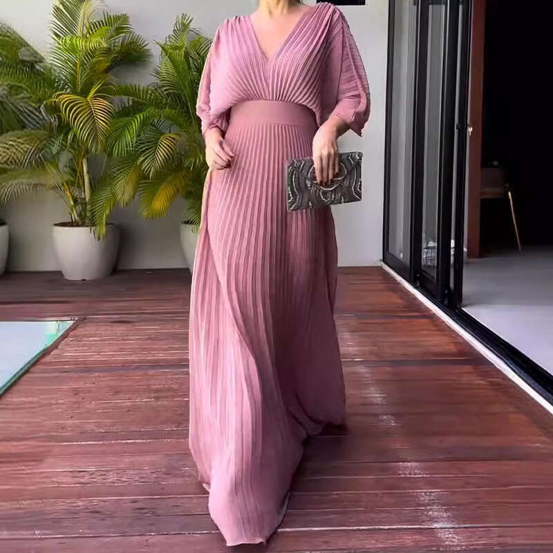 White Dress Maxi Dress 2023 Autumn New Style Solid V-Neck Bat Sleeves High Waist Dress KQ