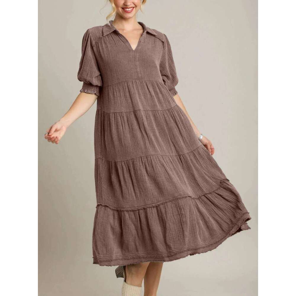 White Dress Maxi Dress 2024 New Fashionable And Comfortable Mid Sleeve V-Neck Layered Dress For Women KQ