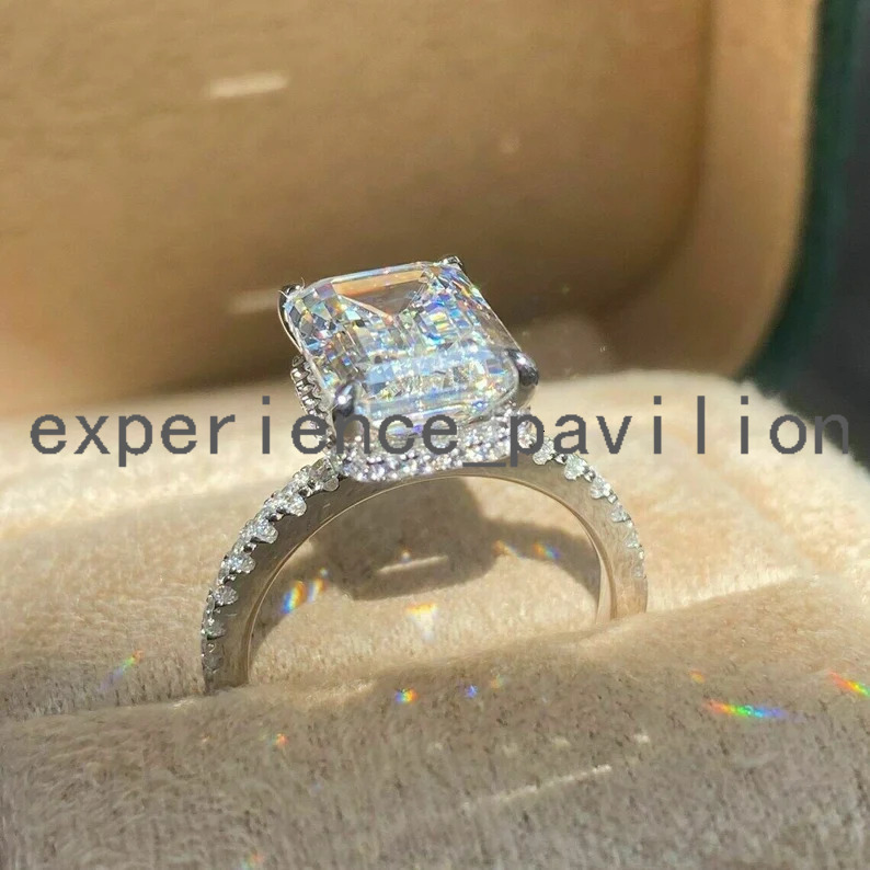 18K White Gold 3.00ct Emerald Cut Colorless GRA Moissanite Engagement Ring Handmade Pave Set Hidden Halo Wedding Ring