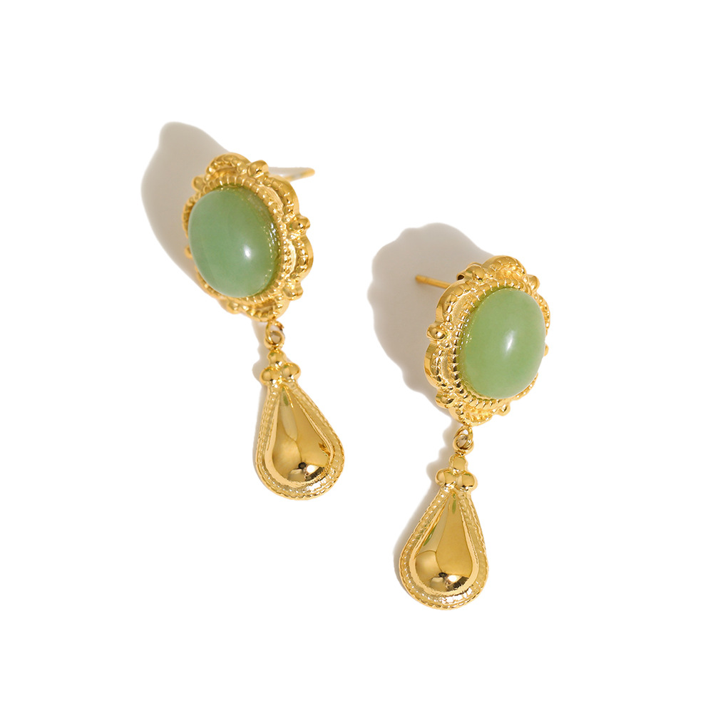 Vintage-Inspired Green Aventurine Drop Earrings, 18K Gold Plated Stainless Steel, Long Dangle Design, Stylish & Elegant for Women, Wholesale Jewelry