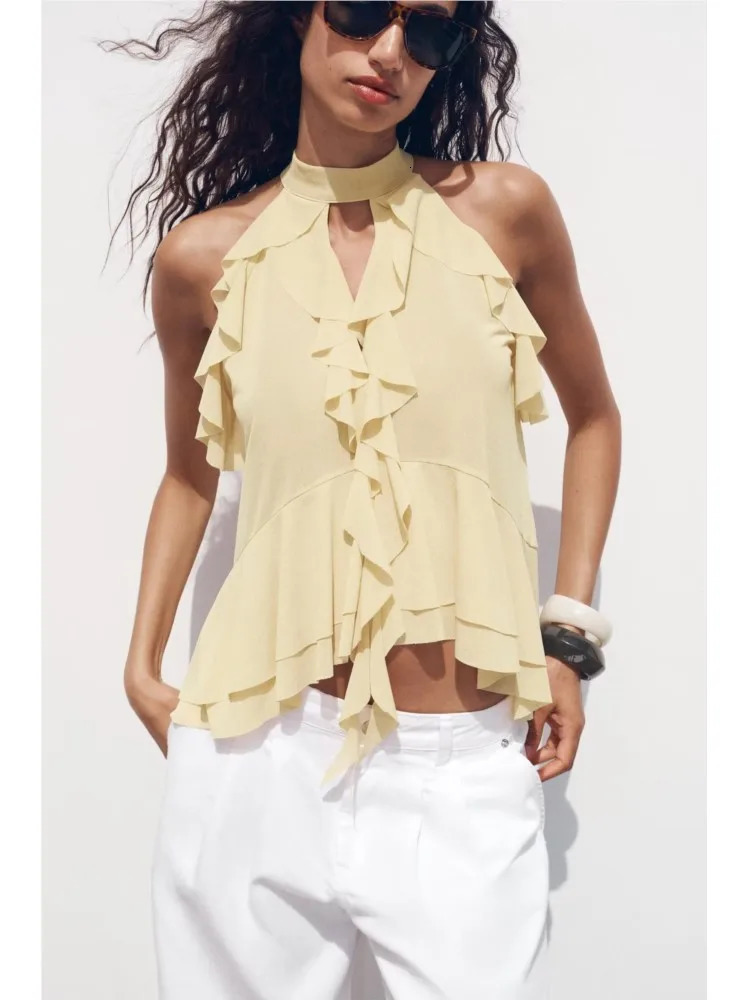 TRAF Women Tiereed Top Summer Ruffied Halter Camisole Waistcoat Womens With Tie Hollow Out Lady Tops 250515
