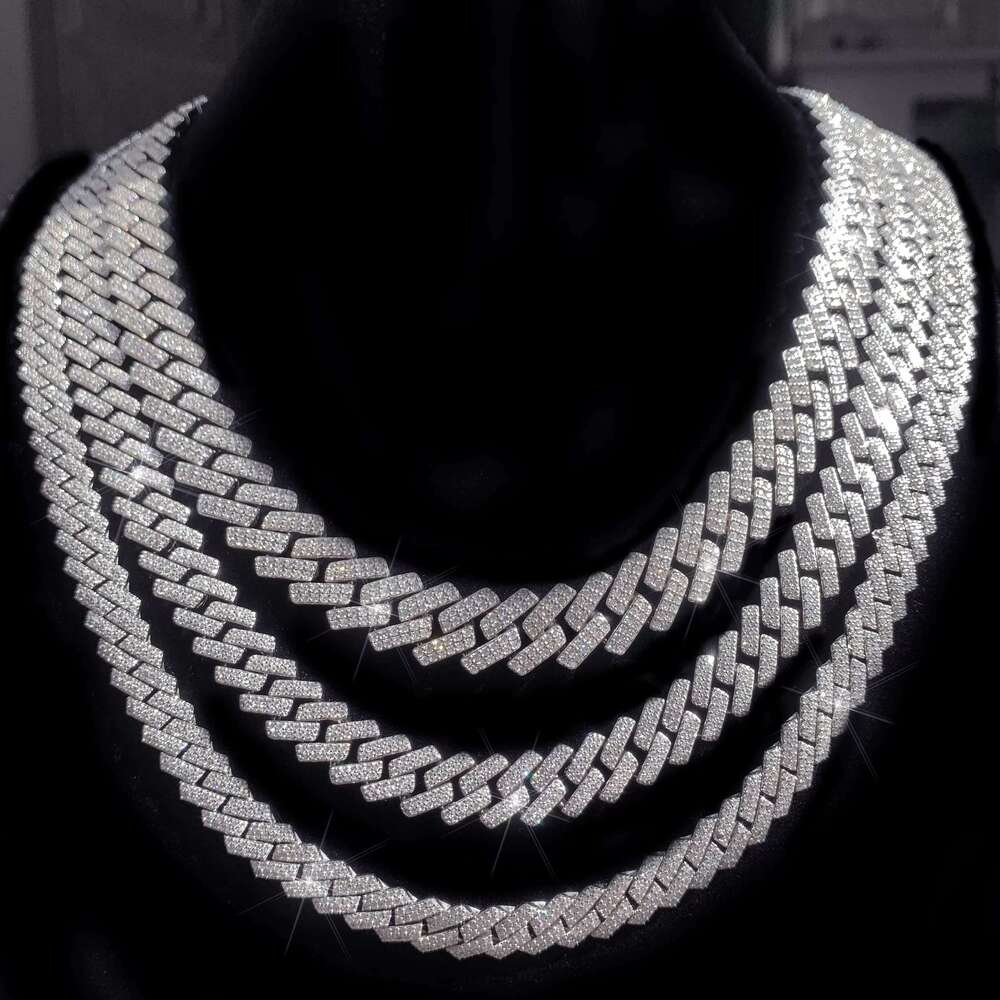Pure sier jewelry men's necklace 10mm 2 rows Vvs chilled pyroxene Cuban chain