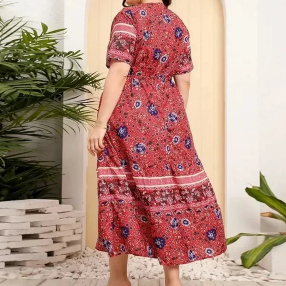 Womens L4XL Plus Size selling oversized retro floral dress with bohemian lace Vneck long skirt plus size womens clothing 250506