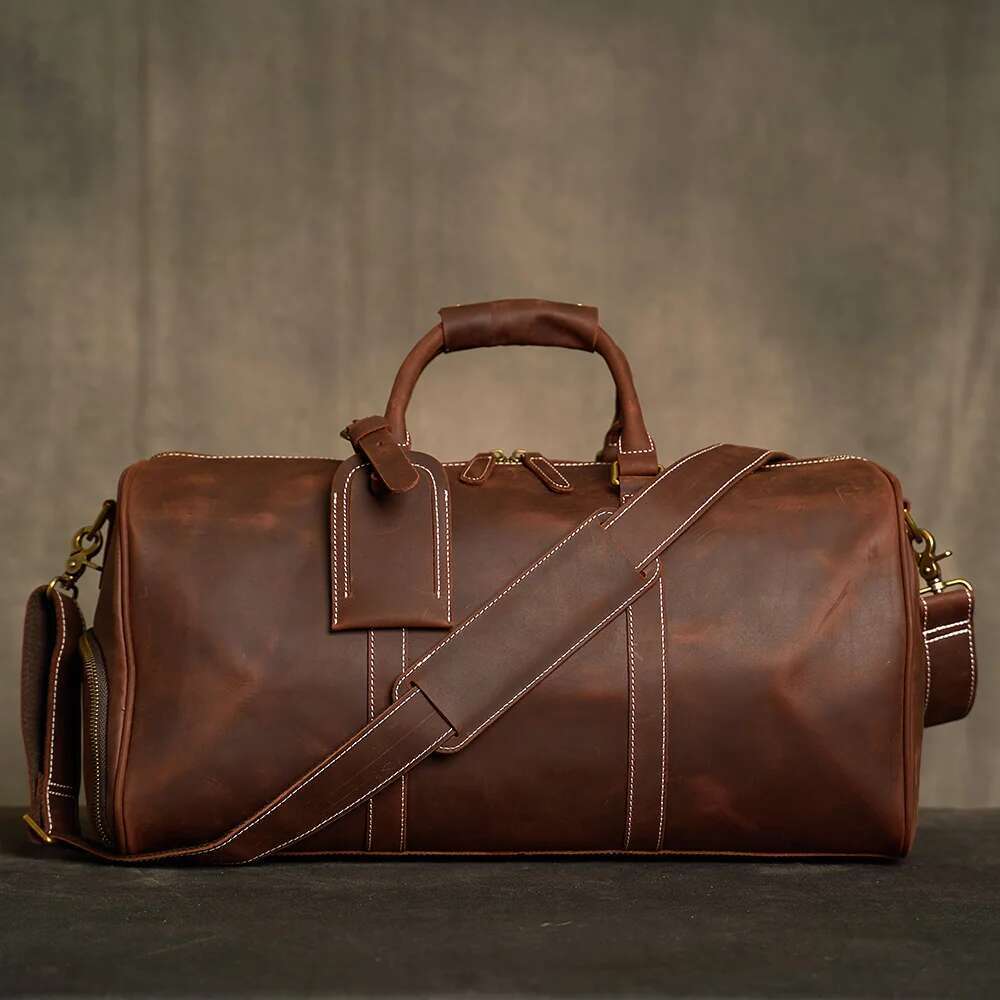 Geunine Leather Vintage Men's Hand Lage Travel Bag Large Capacity Single Shoulder Messenger Boston Bag For 17 Inch Laptop