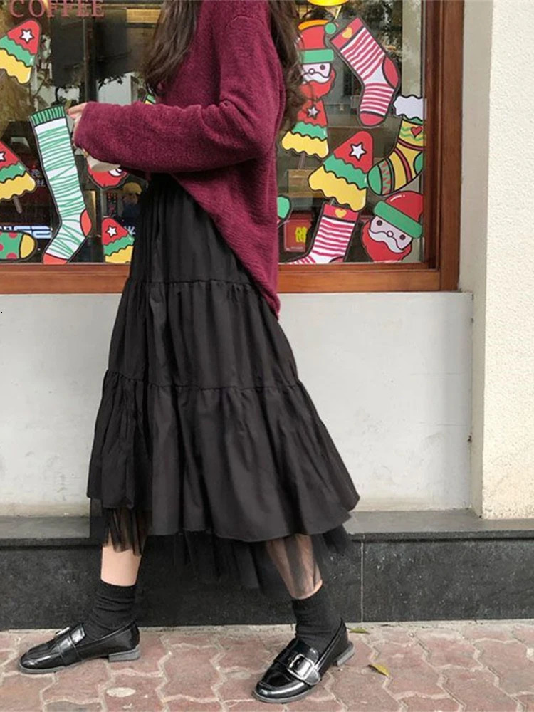 Long Tulle Midi Skirts Womens Autumn Elastic High Waist Mesh Tutu Pleated Skirts Female Black White Long Skirt Streetwear 250514