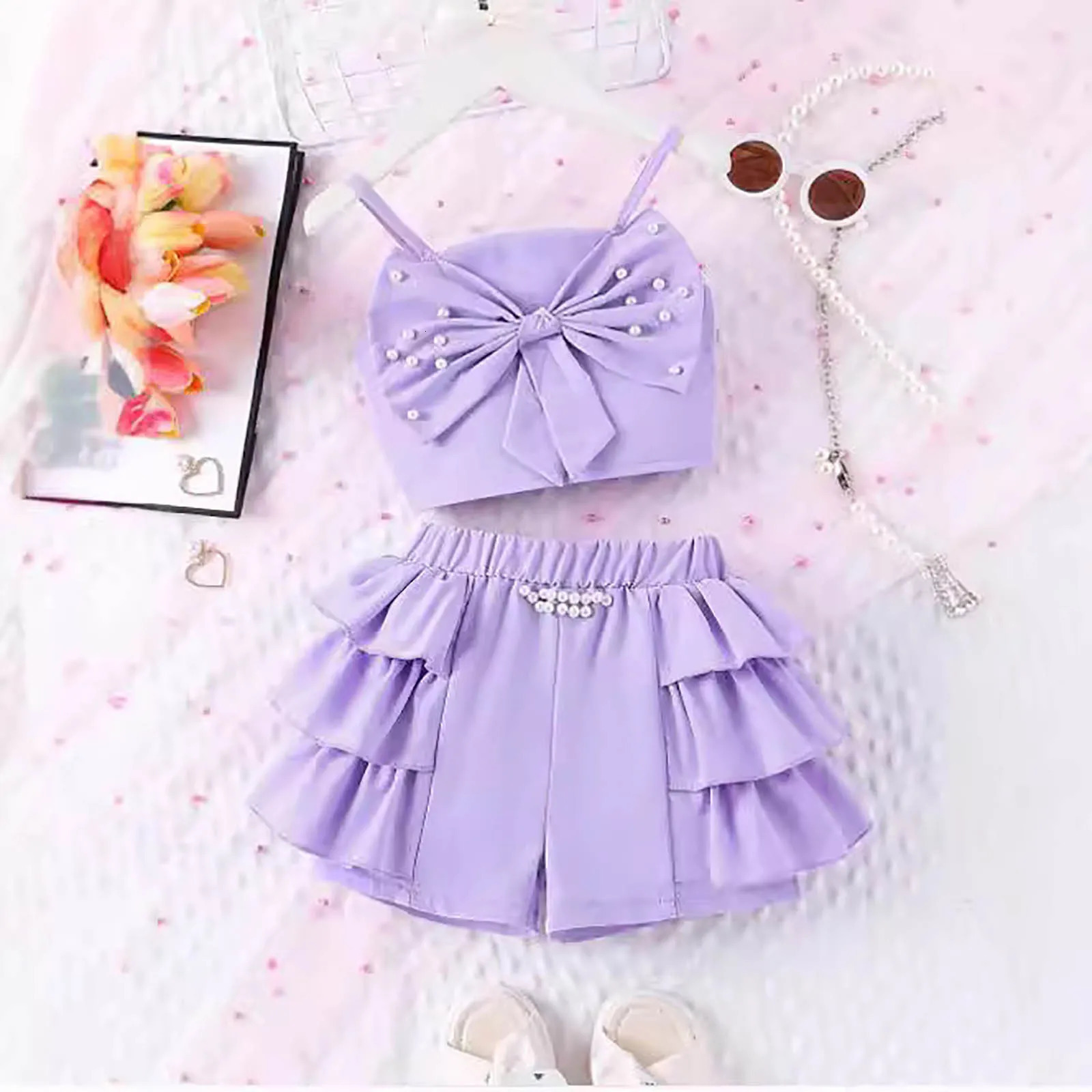 Kids Girls Summer Solid Color Suspender Sleeveless Knot Bow Vest Tops And Stretch Ruffled Shorts 2PCS Outfits Clothes For Girls 250515