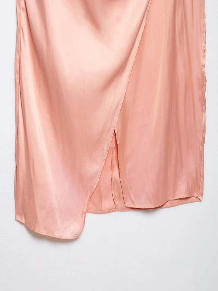 ZBZA Womens Gold Satin Backless Halterneck Top Goldembellished Silksatin High Waist Midi Skirt Summer Female Set 250515