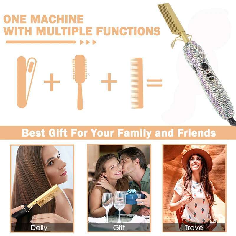 Electric Heating Hair Straightening Rhinestone Hot Comb Curling Iron Heated Brush Chauffant Cheveux Peigne chaud