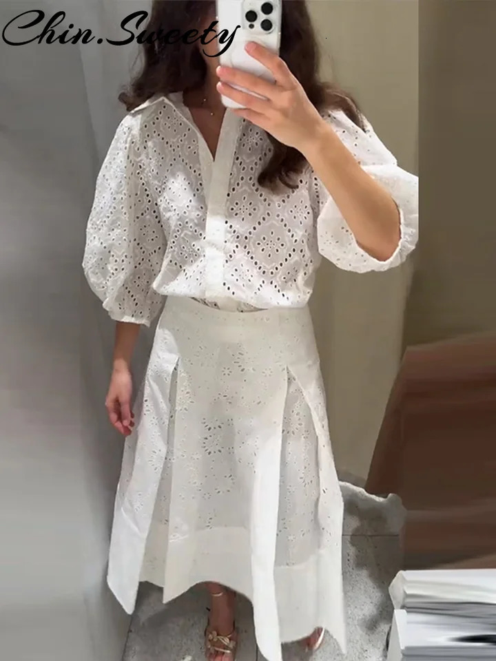 Casual White Shirt Skirt Women Outfit y Three Sleeve Top Patchwork Zippers Pleated Skirts Summer Elegant Lady Set 250515