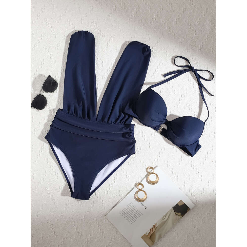 Swimsuit with beautiful back, bikini, split swimsuit, tie up top, one-piece wide shoulder strap, high waist women's swimsuit set, 2025 new style,