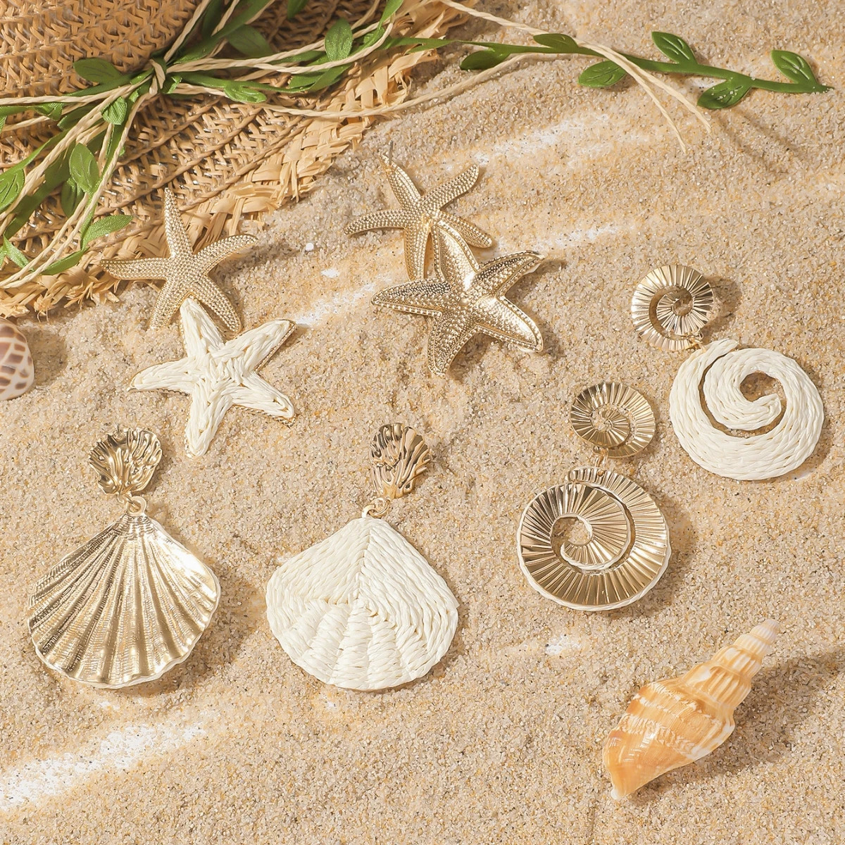 1 Set Elegant Ocean Theme Rattan Knit Drop Earrings for Women Girls Boho Summer Raffia Shell Starfish Conch Earrings Jewelry 250515