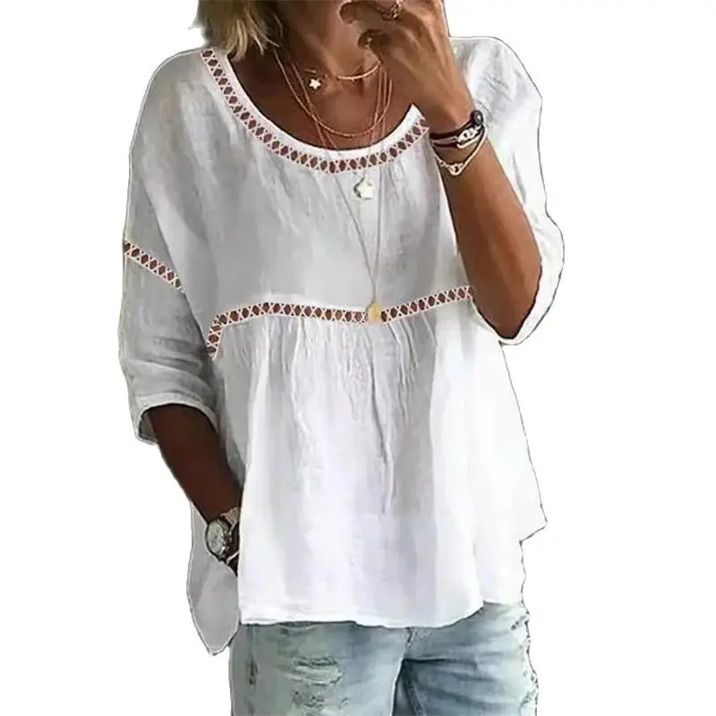 Summer Hollow Out Splice Shirt Women Spring Sevenquarter Sleeve Blouse Female Solid Color Casual Loose Pullover Tops 250515
