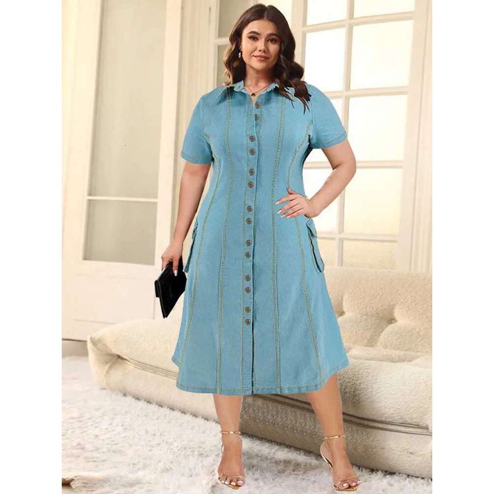 5xl Womens Plus Size Clothes Button Front Sky Blue Loose Summer Curvy Denim Long Dress with Sleeves