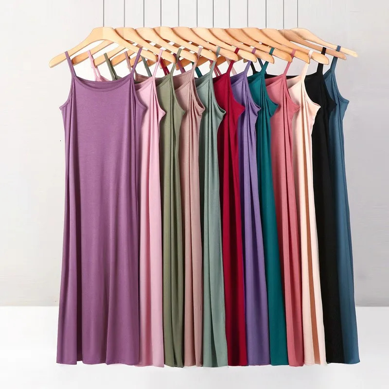 Plus size spring and summer versatile slim long inner nightgown suspender modal cotton solid color bottoming dress 250515