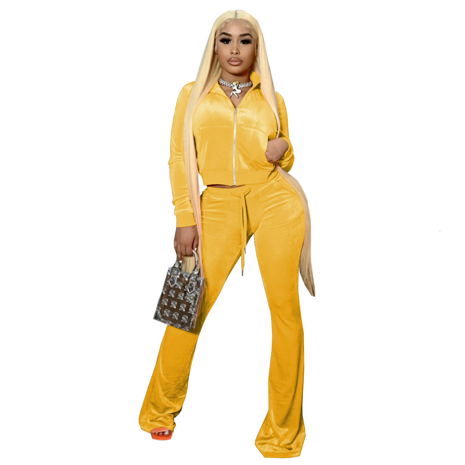 Hr8191 fashion womens quality solid color open navel flared pants set