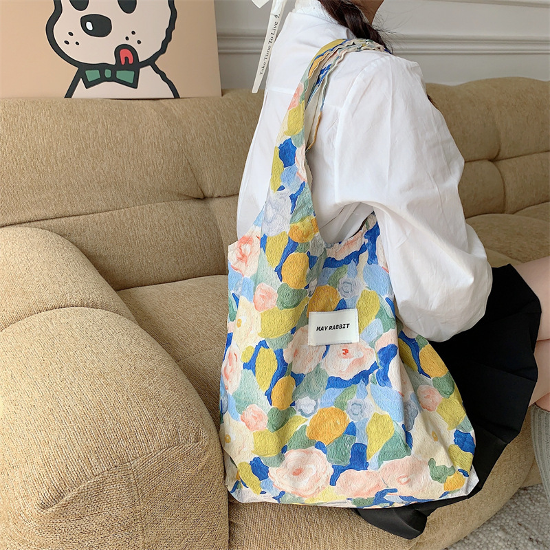 Top quality Brand High Quality Instagram oil painting flower canvas casual shoulder cloth portable large student sweet vest bag trendy