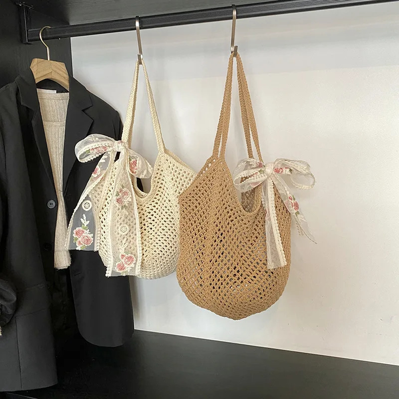 Summer Beach Bag Mesh Women Woven Lace Bow Shoulder Purse Large Capacity Clutch Purse Solid Color Shopping Vacation Travel 250515