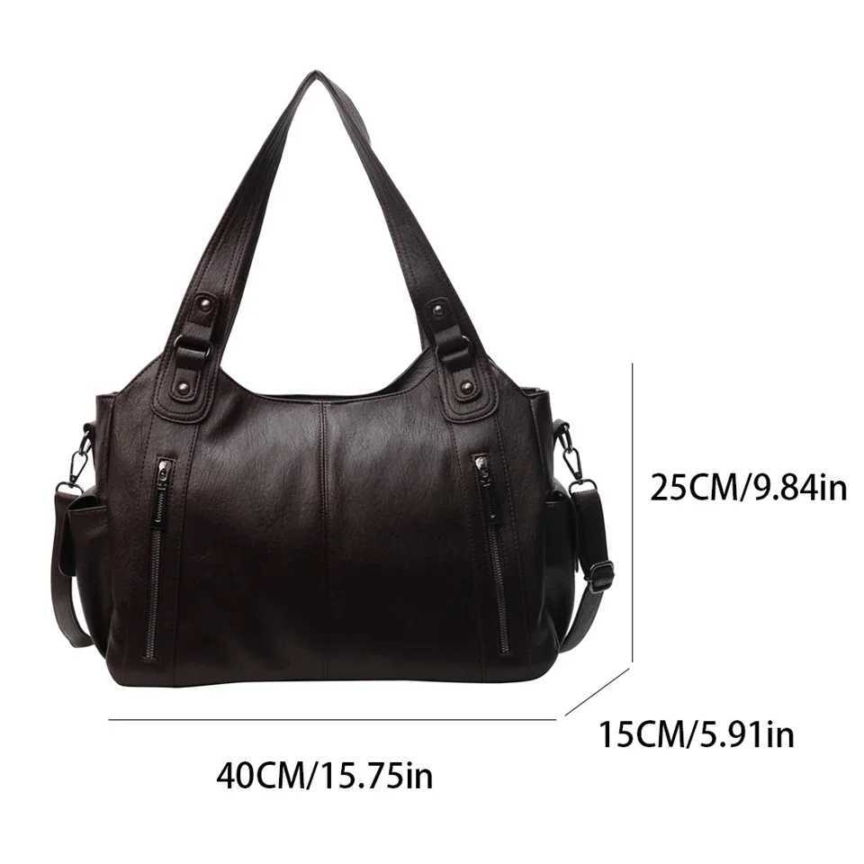 New Solid Zipper Dual Main Pockets High Capacity Handbag For Women Sewing Thread PU Leather Ladies Bag Shoulder Bag Y250718