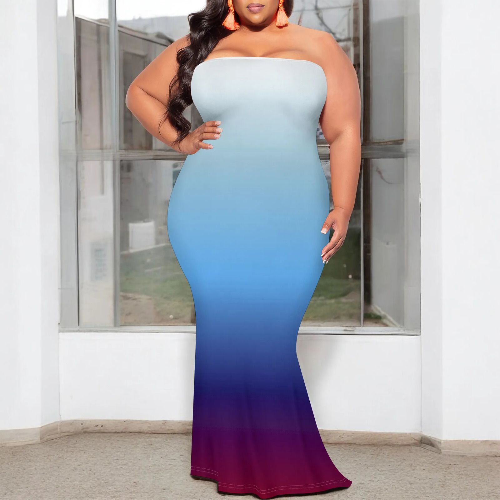 Plus Size Blue Gradient Strapless Maxi Dress for Women Elegant Slim Fit Summer Party 250515
