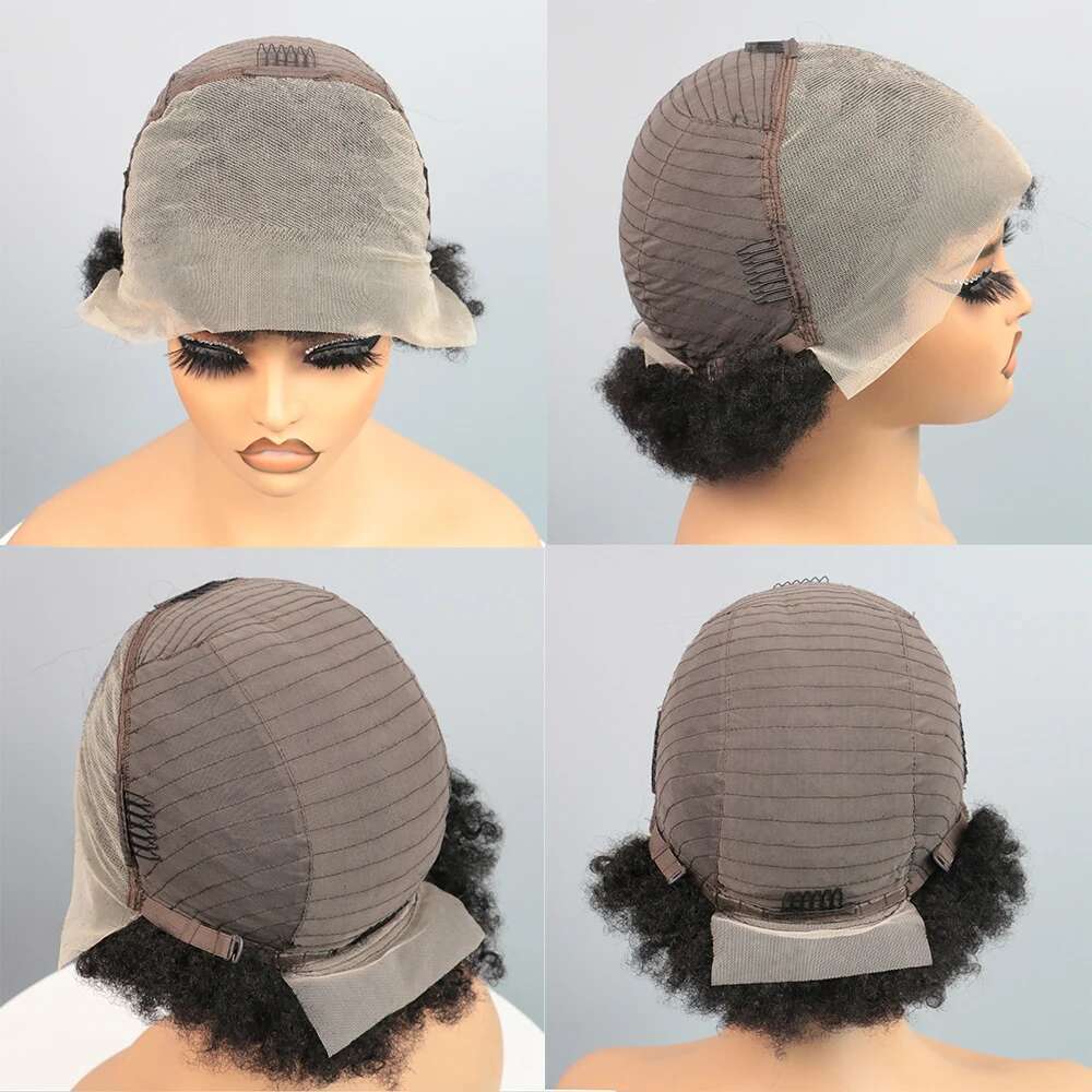 Afro Kinky Curly Human Hair Short Pixie Cut Wigs 13X4 Lace For Women Short Curly Pixie Remy Wig 6 Inch Black Color 180% Density