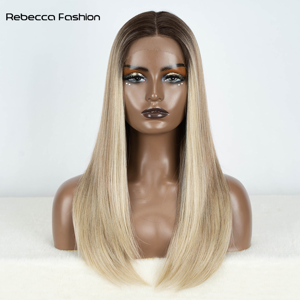 Rebecca Fashion 22 Inch Black Ombre Brown Blonde Straight Bob Synthetic Lace Front Wig for Black Women