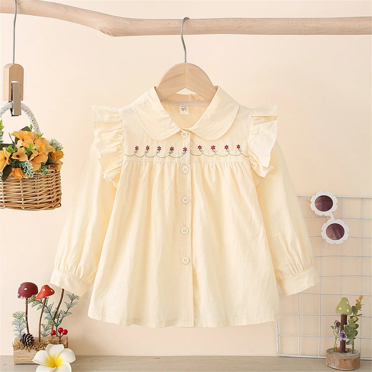 Girls Shirt Exquisite Small Flower Embroidery Solid Color Lace Decoration Academy Style Polo Collar Long Sleeve Versatile Top 250515