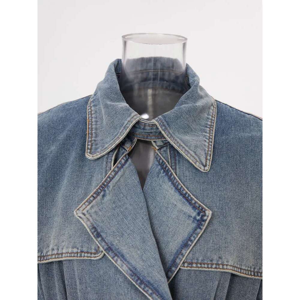 DEAT Fashion Women's Denim Jackets Loose Layer Collar Double Breasted Sashes Long Sleeve Overcoat Autumn 2025 New 17A4709