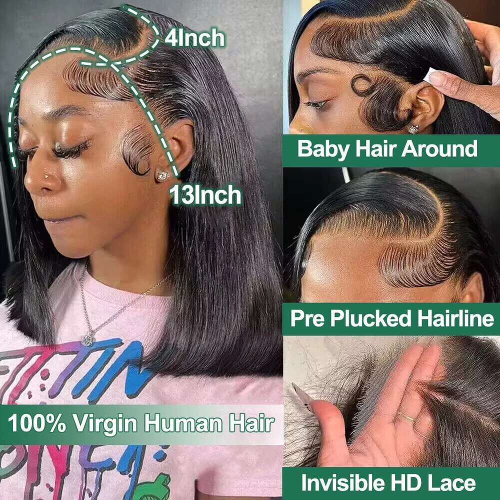 Human 13X4 Front 180% Density Short Straight Frontal Bob Wig Transparent Lace Pre Plucked With Baby Hair