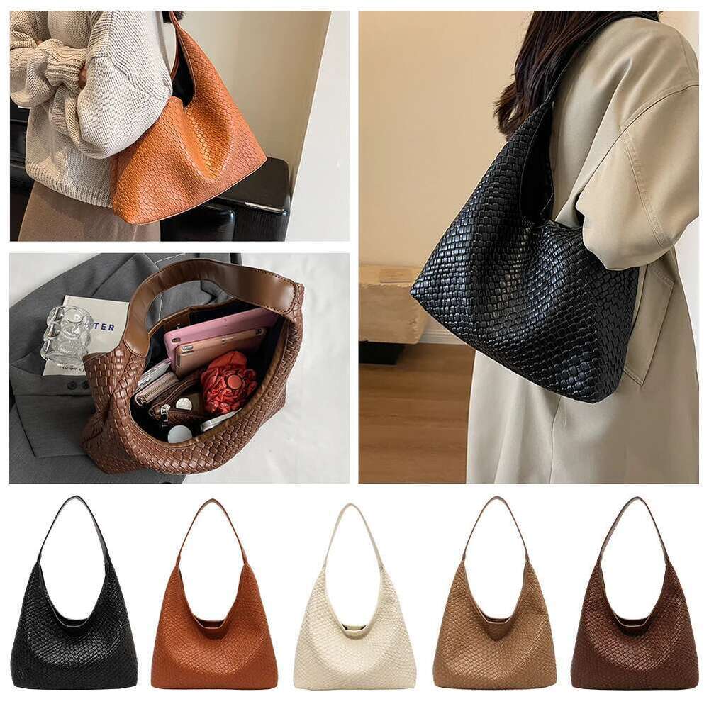 Women Large Shoulder with Pouch Top Handle Trendy PU Woven Tote Leather Armpit Handbag Commuting Bag