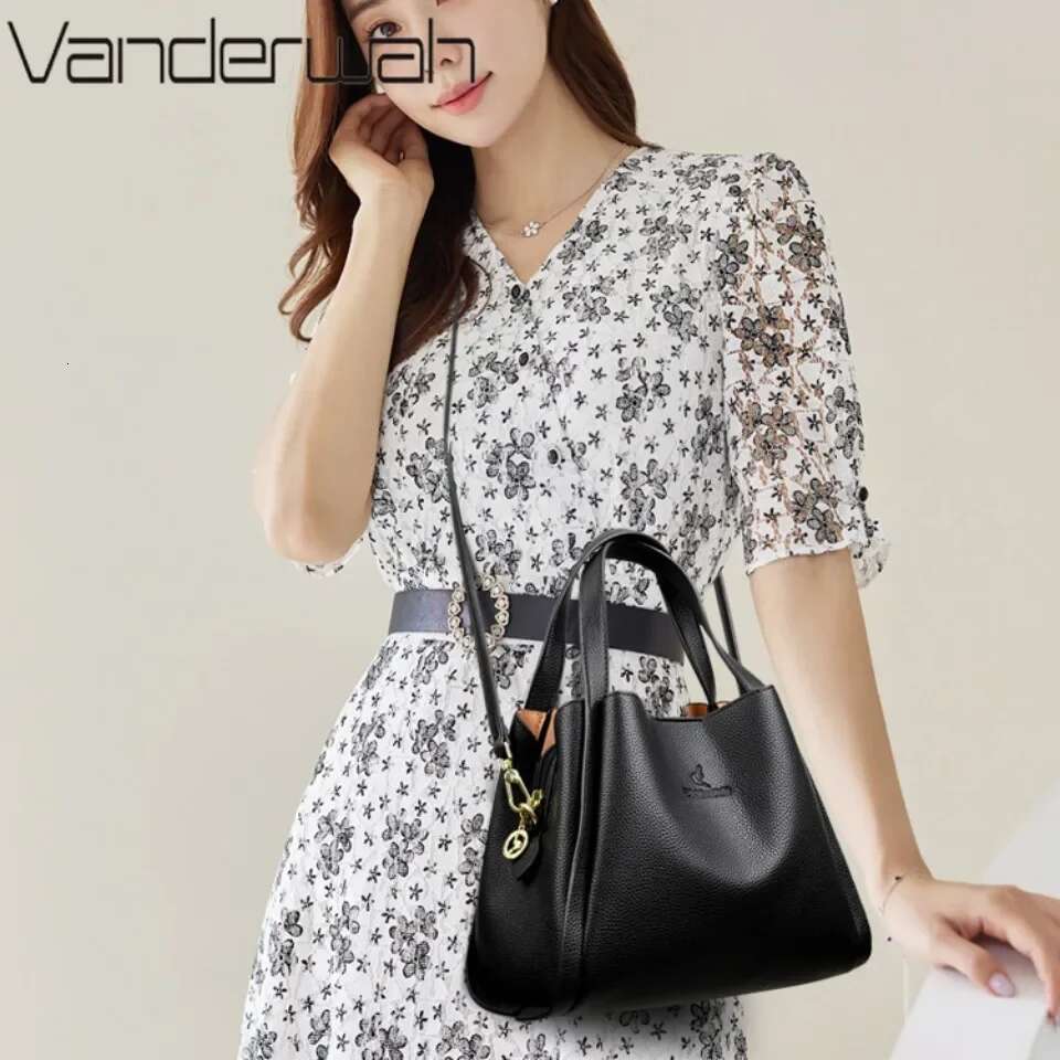 VANDERWAH Genuine Brand Soft Leather Top-Handle Bags Female Handbags Women Shoulder Crossbody Totes Messenger Bag 3 Layer Sac