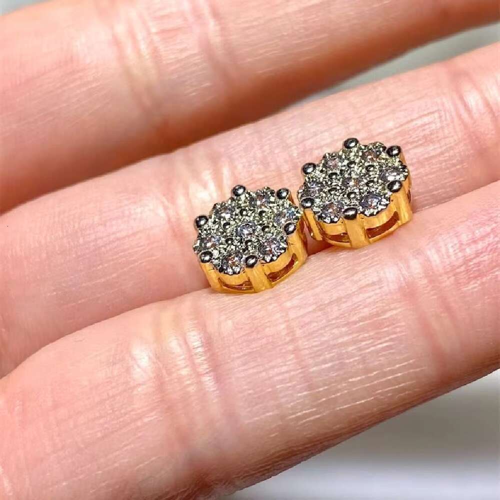 Hip hop men's chilled 14k gold-plated flower spiral back clustered pyroxene earrings