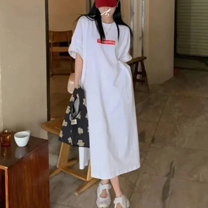 Plus Size Long T-Shirt Dress For Women Korean Chic Loose Pullover Casual Vintage Streetwear O-Neck Short Sleeve Straight Dress 250509
