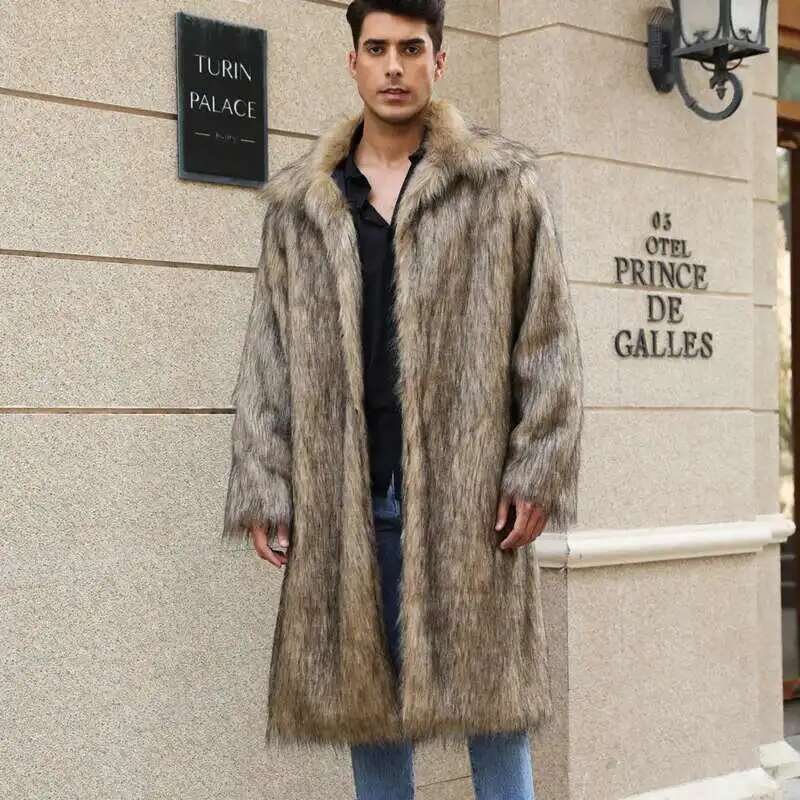 PFHQ Autumn Winter New Men's Square Neck Faux Fur Coat 2024 Solid Color Warm Long Sleeve High Street Tops 21Z7150